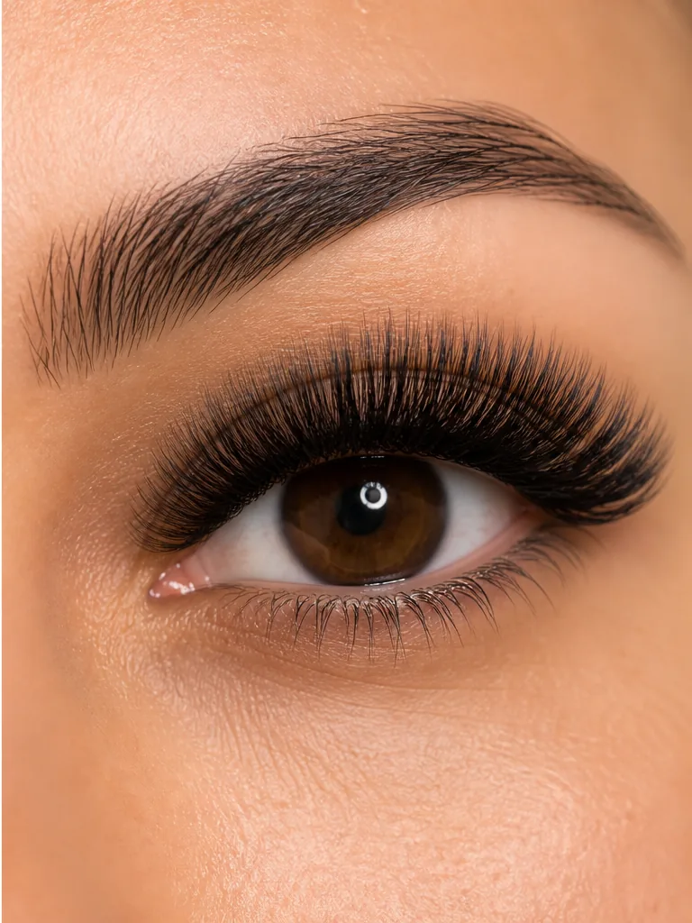 close up of a defined eyebrow and full lashes