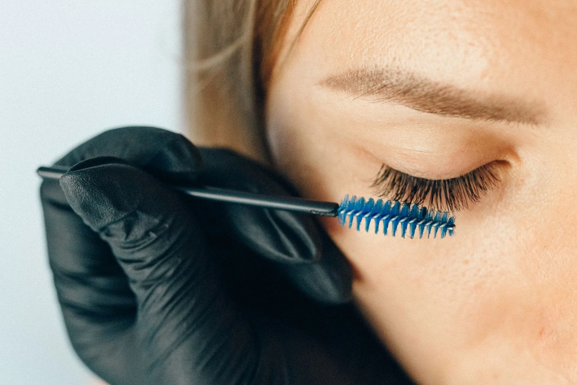 close portrait of long dark eyelashes